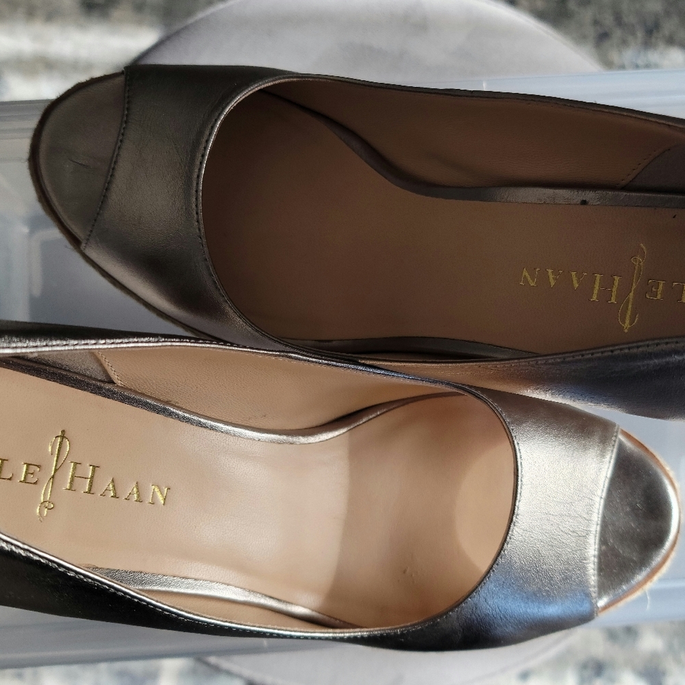 Gold Cole Haan open toe leather espadrille wedged
